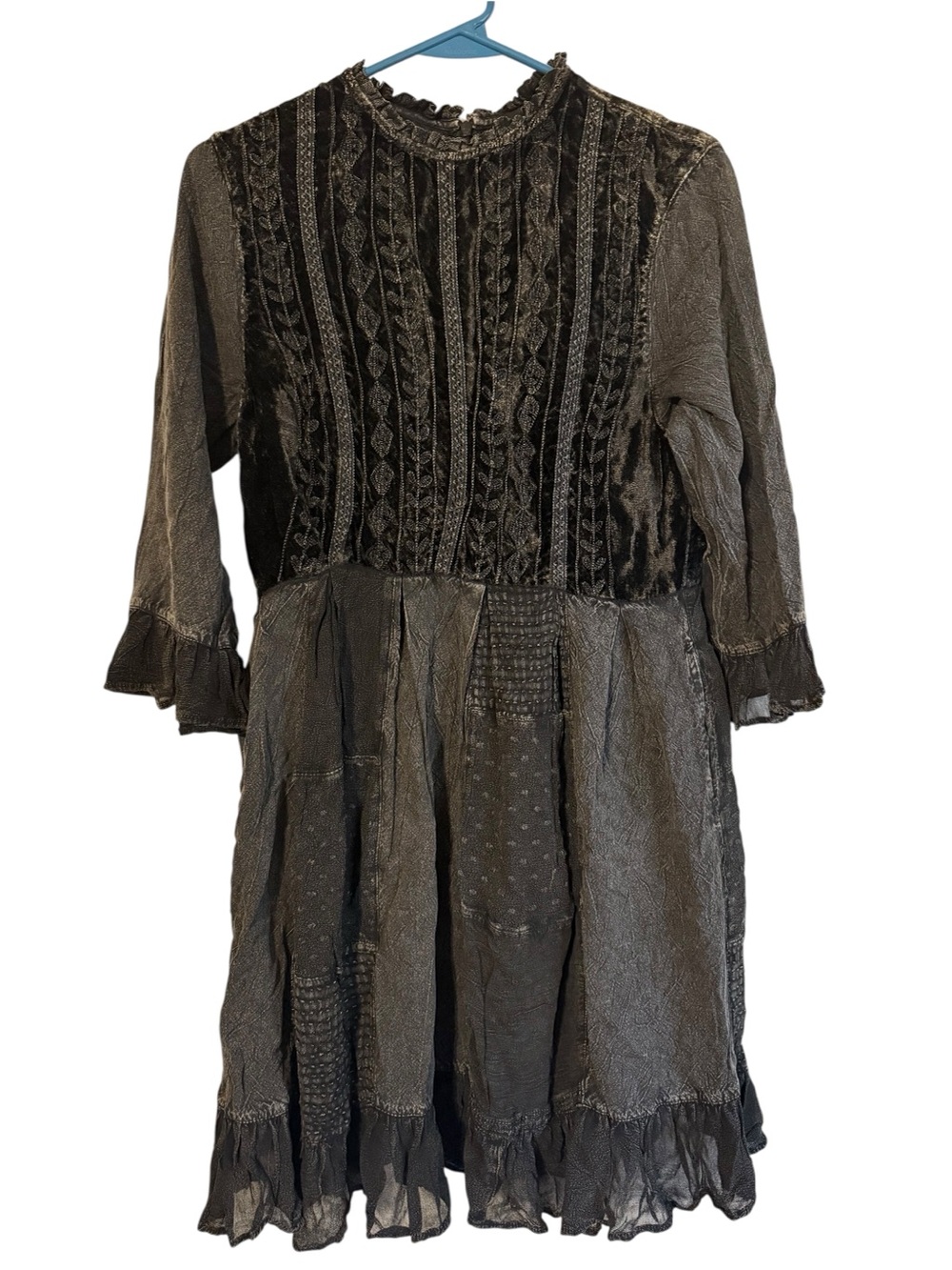 NWT Young Threads Boho Vintage-Inspired Patchwork Black Midi Dress Size Small